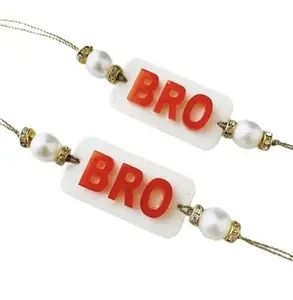 BRO Rakhi Bracelet Set with Pearl Beads and Crystal Rhinestones, White and Red, Set of 2