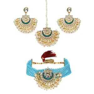 ACCESSHER Elegant Blue Fusion choker jewellery set with earrings and maang tika embellished with Kundan & Pearls for women and girls
