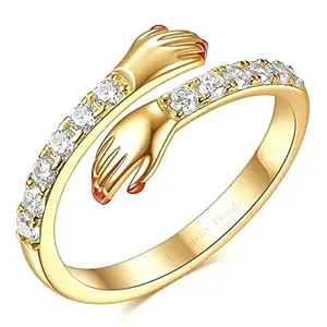 University Trendz Gold Zirconia Plated Adjustable Open Hands Loving Hug Ring for Women and Girls (Gold)