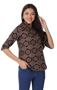 Vastraa Fusion Women's Solid Mandarin Collar 3/4 Sleeve Casual Shirt Lightweight Cotton Top