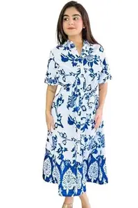 B G FASHION B.G Fashion Women's Regular fit Midi Dress A -Line Knee Lenght Collared Neck Midi Long Sleeve Stylish Cottton (Blue, M)