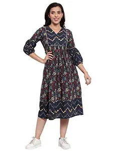 INDIBELLE Cotton Purssine Blue Geomatric Print A-Line Dress(Blue_Large)