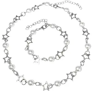 SNOWY SHOP 2pcs Necklace Set for Women Girls Stylish Pearl Star Pendant Necklace with Bracelet Aesthetic Vintage Choker Necklace Cute Y2K Accessories Jewellery Set Birthday Gift for Girlfriend