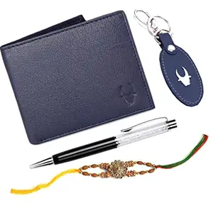 WildHorn Rakhi Gift Hamper for Brother - Classic Men's Combo/Gift Set of Leather Wallet, Keyring, Pen and Rakhi for Brother/Bhaiya. (Blue PDM)