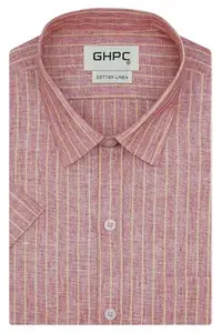 GHPC Cotton Linen Chalk Striped Half Sleeves Regular Fit Formal Shirt for Men (Red, FSH306608_38)
