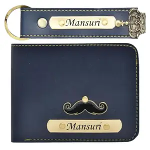 The Unique Gift Studio Men's Leather Wallet and Keychain Combo with Personalised Name and Logo on Wallet - Design 3, Blue