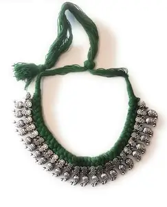 Ritzy Women Oxidised Choker Antique Necklace For Women & Girl With Adjustable Green Dori