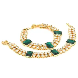 Amazon Brand - Anarva Traditional Gold Plated Bridal Anklets Payal Embellished with Green Stones & Faux Kundans for Women/Girls (A016G)