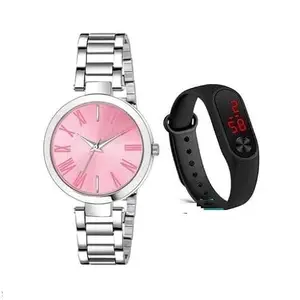 LAKSH Attractive Stainless Steel Starp Watch&Digital Band for Women&Girls(SR-870) AT-8701(Pack of-2)