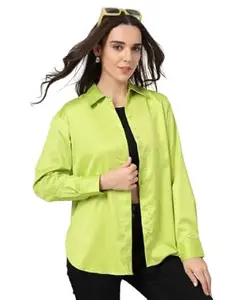 Style Quotient Women Solid Fluorescent Green Smart Casual Oversized Satin Shirt