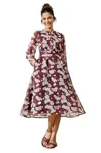 Janasya Women's Brown Chiffon Floral Printed A-line Gathered Dress