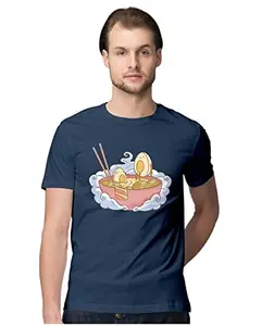 ALLEN BLACK Men's Regular Fit T-Shirt Kawaii Eggs in Ramen Bowl 100% Cotton T-Shirt Navy Blue_KWEGGBOWL-Navy Blue XL Men Round_