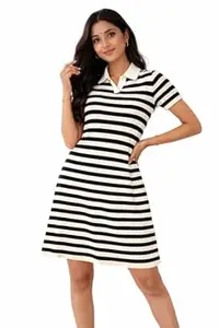Women’s Black & White Striped Polo Collar Casual Dress | Short Sleeve Knee Length Cotton Dress