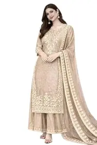Orriva Womens Silk Full Sleeves Round Neck Kurti Featuring Sequence Coding Work with Palazzo Having Moti Work and Dupatta 3 Piece Ethnic Wear