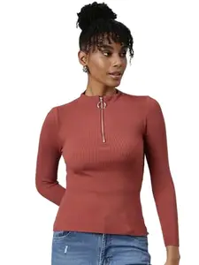 SHOWOFF Women's Long Sleeves Solid High Neck Rust Fitted Top-LH-8145_Rust_S