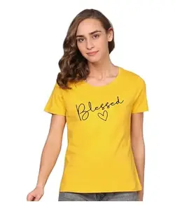 Cotton Blend Round Neck Half Sleeve Printed T Shirt for Women, Pack of 1, Yellow, S, WHS YL-018