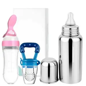 KINDAR CARE Silicone Baby Spoon Feeder Feeding Bottle (90ml, Ideal for 4 Months+ Babies) | Stainless Steel Milk Bottle (250 ML) & Food/Fruit Feeder/Nibbler (Set of 3 Items),KINCARE03