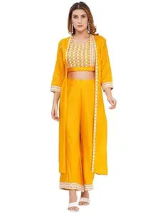 Ameeha Women's 3-Piece Ethnic Crop Top Set with Long Shrug & Embroidered Border, Black Indo-Western Outfit, Cotton Blend