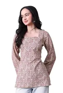 MEERA FAB Women's Floral Printed Cotton Short Top | Daabu Printed Kurta with Full Sleeves | Short Kurti for Women