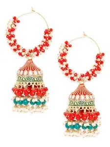 OOMPH Jewellery Red & Green Meenakari & Kundan & Pearls Ethnic Bali Drop Earrings For Women & Girls Stylish Latest (EHC174_Z)- For Women & Girls Stylish Latest