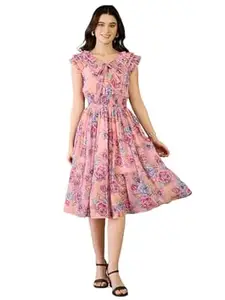 Naixa Women's Georgette Printed Flared Dress with Soft Cotton Lining - Elegant Short Sleeve V-Neck Style for Women (NX-WD47)