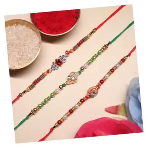 SVASTAM Designer Rakhi Set of 3, Multicolor Semi Precious, with Roli Chawal Pack for Brother