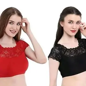 NAAZ MAAZ ENTERPRISES Naaz Maaz Short Sleeve Combo Round Neck Cotton Blend Readymade Lace Net Blouse for Women & Girls|Combo of|Red/Black, Size, 28|Lace Sleeve Blouse_Combo_Red/Black_28