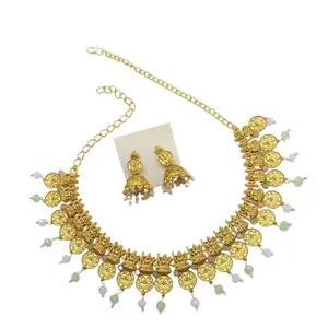ACCESSHER Matte Gold Plated Green Semi Precious Stones Studded Temple Inspired Goddess Lakshmi Motif Ethnic Statement Necklace Set with Earrings for Women and Girls