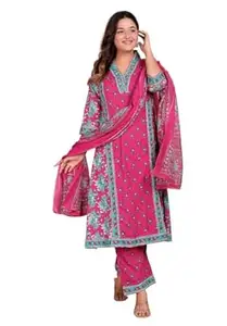 V.K.CRAFT Women's Cotton Printed Straight Kurti With Pant and Dupatta Set (PINK)
