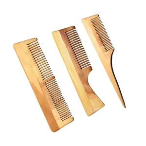 Subhaashi Neem Wood Comb Set, 3 Pieces with Regular, Handle and Tail Comb Design