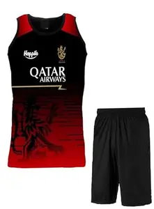 Generic RCB Cricket Sleeveless Tshirt Virat 18-(Men & Boys) with Shorts (12-13Years) Multicolour