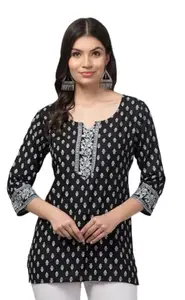 HIMAYASPS Casual Outing Kurti Printed Ethnic Top for Women Rayon Black Colour Pack of 1 (Size L, 40)