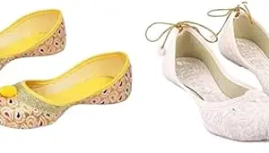 Seven Style Ladies Ethnic Flats for Women's Rajasthani Jutti and Traditional Mojari (Pack of 2)(CJ-07-5) Yellow,White