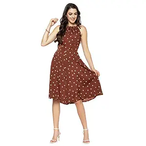 SERA Women's Polyester Fit and Flare Midi Casual Dress (LA2756- Brown_Medium)