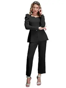 nishideek Fashion Women's Stylis Solid Color Lycra Long Puff Sleeve Sweetheart Neck Co-Ords Set | Suit Set | Two Piece Dress (XX-Large, Black)