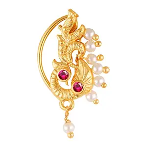 Vivastri Premium Gold Plated Nath Collection With Beautiful & Luxurious Red Diamond Pearl Studded Maharashtraian Nath For Women & Girls-VIVA1150NTH-Press
