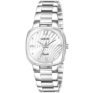 LOREM Abstract Floral White Designer Dial Silver Metal Strap Round Analoge Watch for Women- FZ-LR306