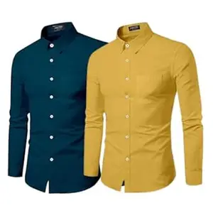 MILDIN Men's Cotton Blend Shirt with Spread Collared Full Sleeves Straigth Curved Hem Length Regular Fit Button Closure and One Patch Pocket | Combo Pack of 2 | Formal Shirts for Man