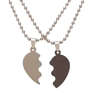Memoir Stainless steel Half shiny and half dull white two piece flat hearshape chain pendant necklace jewellery for Men and Women