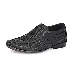 HITZ Men's Black Leather Slip-On Semi-Formal Shoes - 11