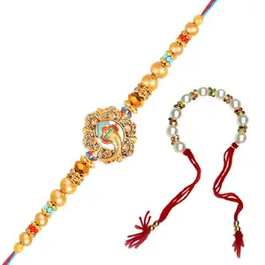 De Marquis Send Rakhi for Bhaiya & Bhabhi, 1 Rakhi + 1 Lumba, Couple Rakhis, Tikka + Greeting Card Combo Gift Set (HAPPY RAKSHABANDHAN)