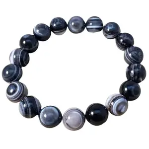 RRJEWELZ Unisex Bracelet 10mm Natural Gemstone Black Botswana Agate Round shape Smooth cut beads 7 inch stretchable bracelet for men & women. | STBR_01222