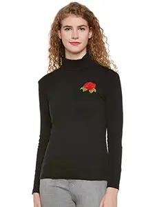 HYPERNATION Black Color Cotton High Neck T-Shirt for Women