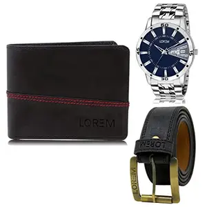 LOREM Mens Combo of Watch with Artificial Leather Wallet & Belt FZ-LR102-WL07-BL01