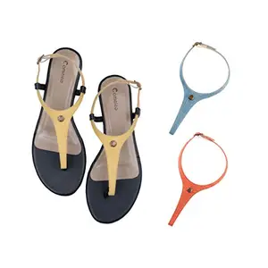 Cameleo -changes with You! Women's Plural T-Strap Slingback Flat Sandals | 3-in-1 Interchangeable Strap Set | Yellow-Light-Blue-Red