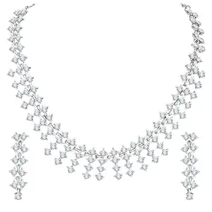 Atasi International Silver Plated Crystal AD Diamond Necklace Jewellery Set with Earrings for Women and Girls Suits Best Party, Wedding and Occasional Wear (R5578)