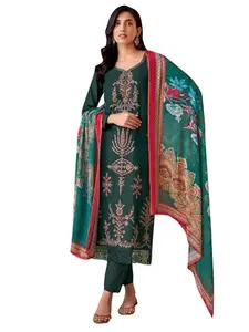 Stylee Lifestyle Teal Muslin Embroidered Dress Material 4400