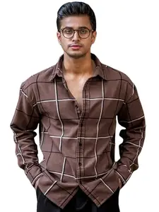 Maniac Mens Embroider Checks Full Sleeve Brown Cotton Shirt