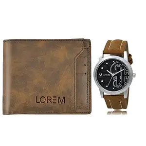 LOREM Combo of Brown Wrist Watch & Brown Color Artificial Leather Wallet (Fz-Wl24-Lr14)