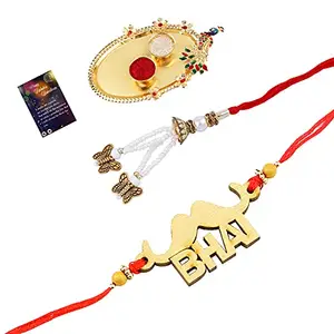 Elegant Bhaiya Rakhi " BHAI" Designe With Designer Bhabhi Rakhi Combo With Roli Chawal And Greeting Card 1 Kankawati Pooja Thali -756
